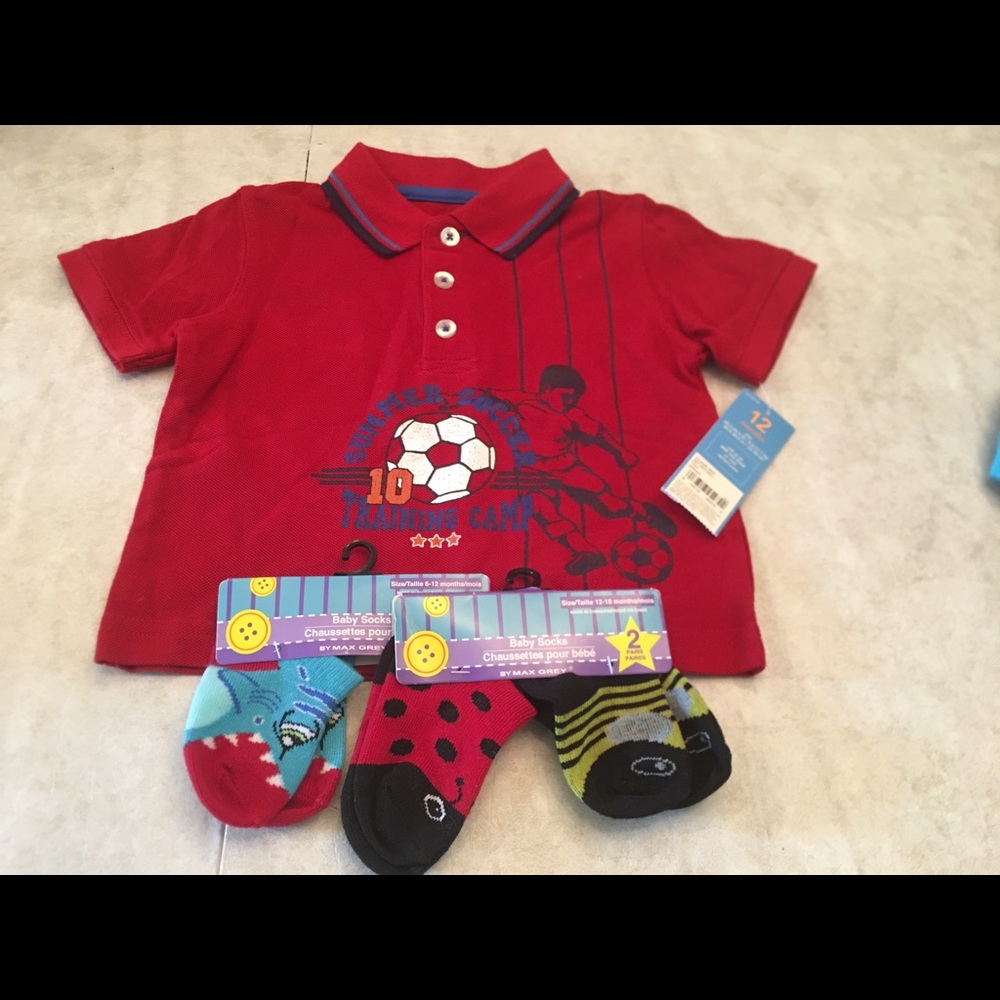 Carter’s shirt (size 12 months) and 3 pairs socks